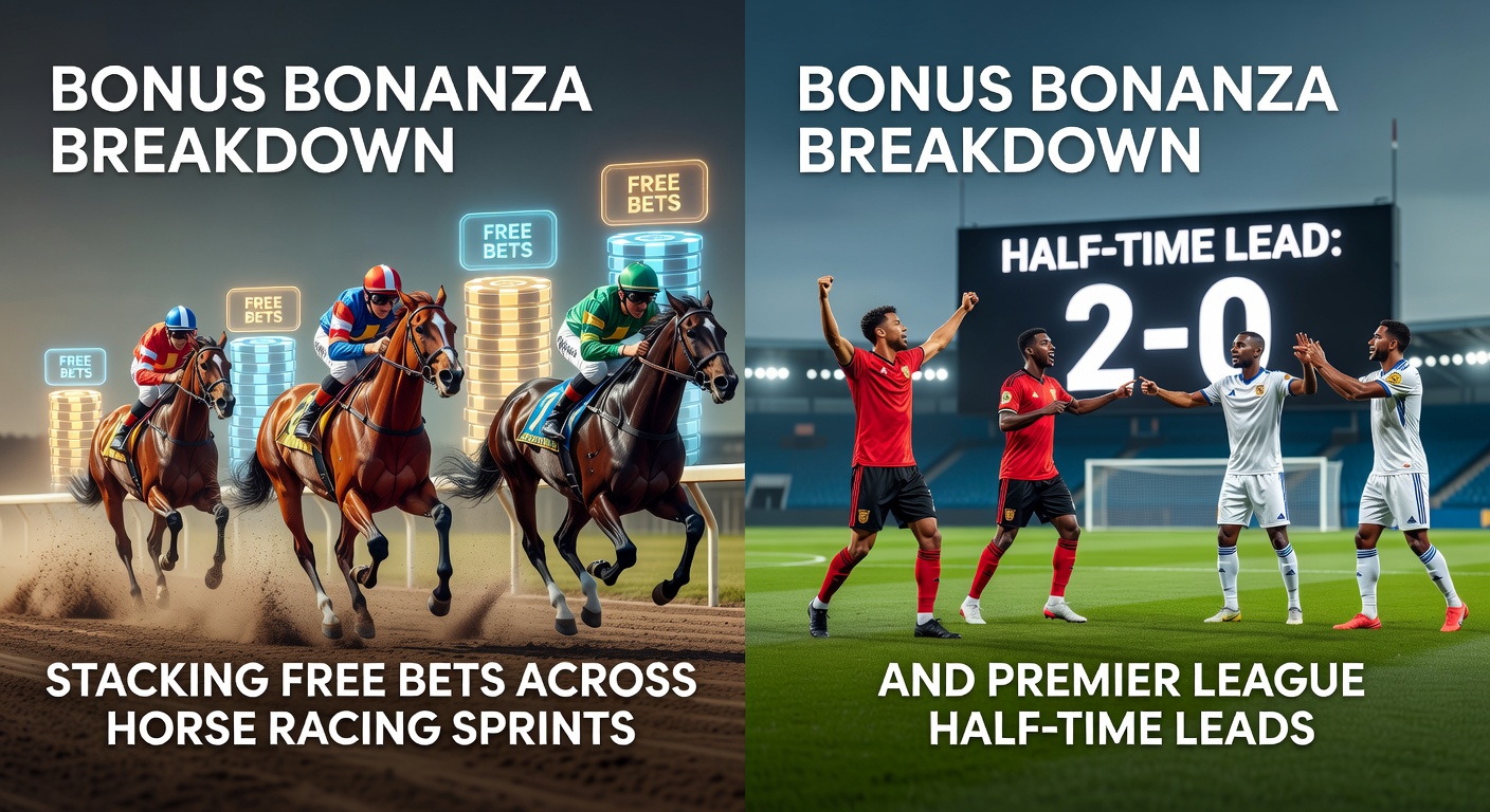 Dynamic scene of a horse sprinting ahead in a high-stakes race, overlaid with Premier League football action showing a half-time scoreboard lead