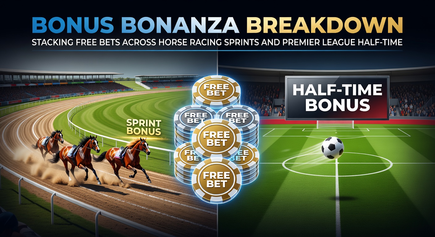 Premier League half-time scoreboard displaying a narrow lead, with horse racing betting slips stacked nearby symbolizing cross-sport free bet chaining