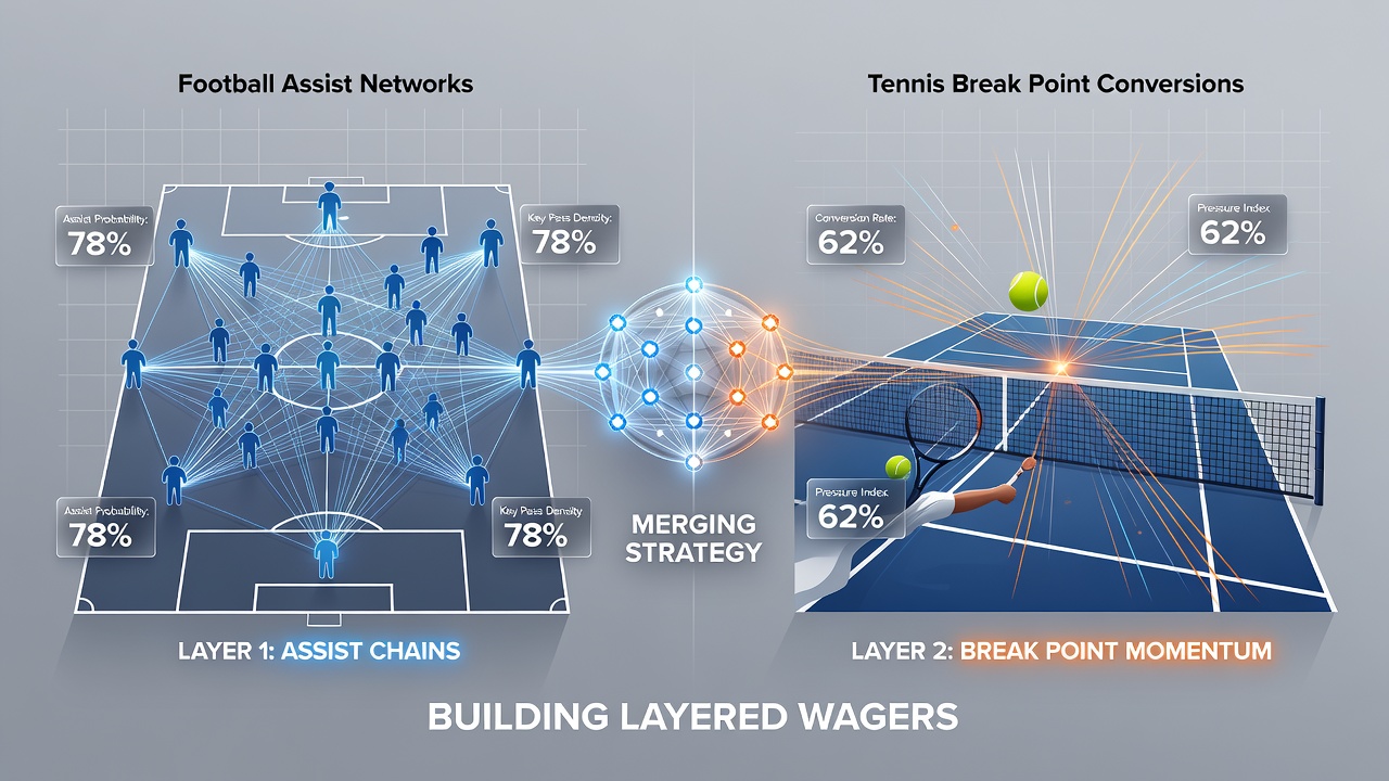Diagram showing merged data layers from soccer pass networks and tennis breakpoint statistics used in accumulator construction