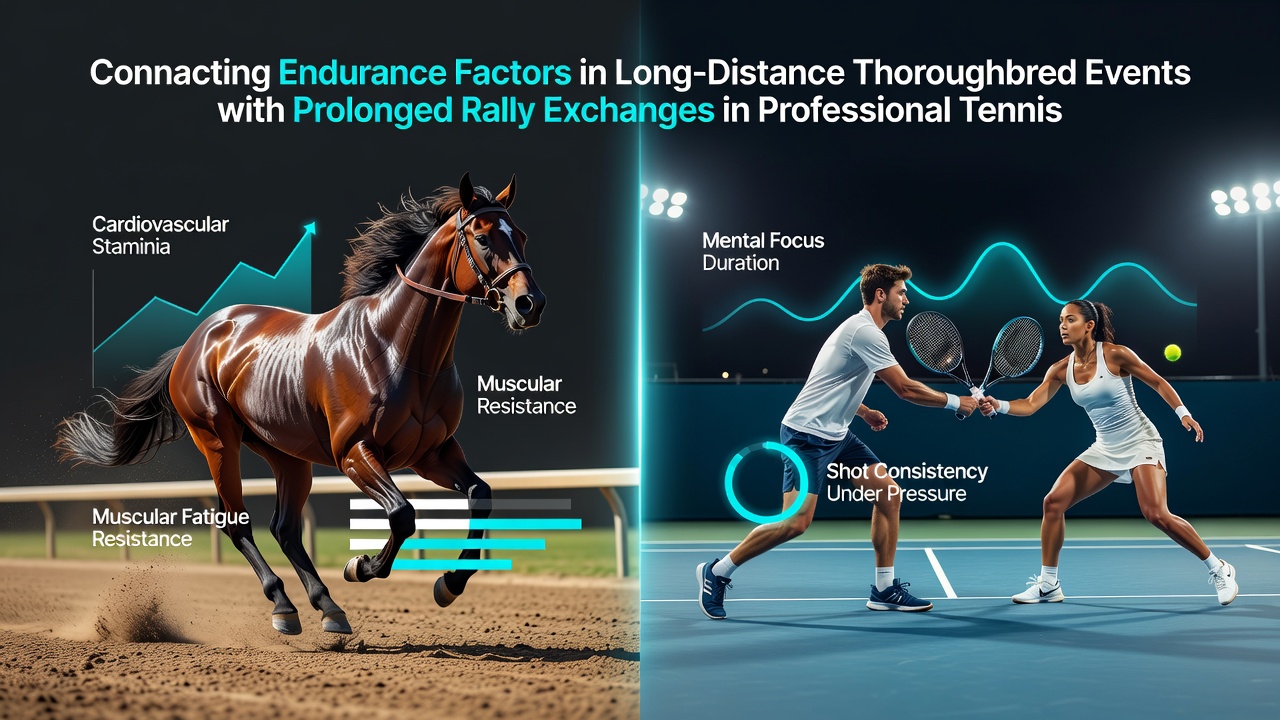 Thoroughbred horses competing in a long-distance race alongside a tennis player during an extended rally