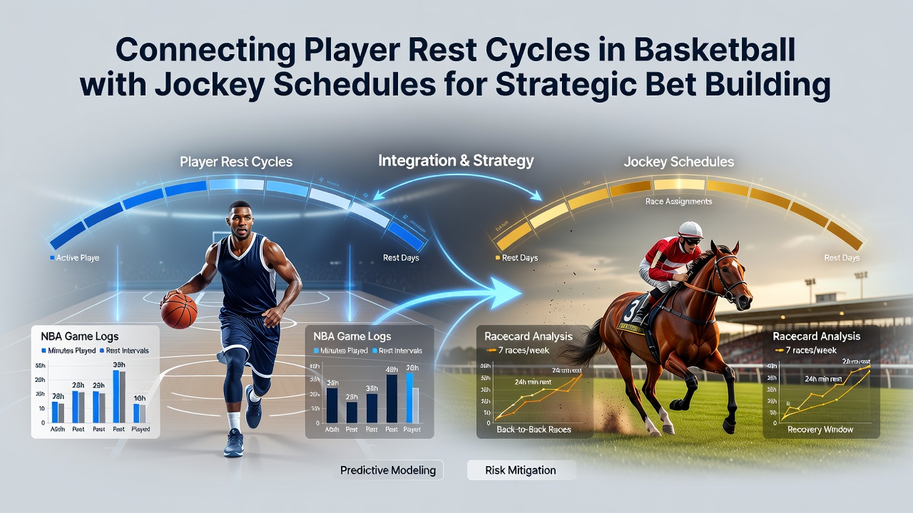 Infographic displaying NBA player rest cycles synchronized with jockey daily racing workloads for betting analysis
