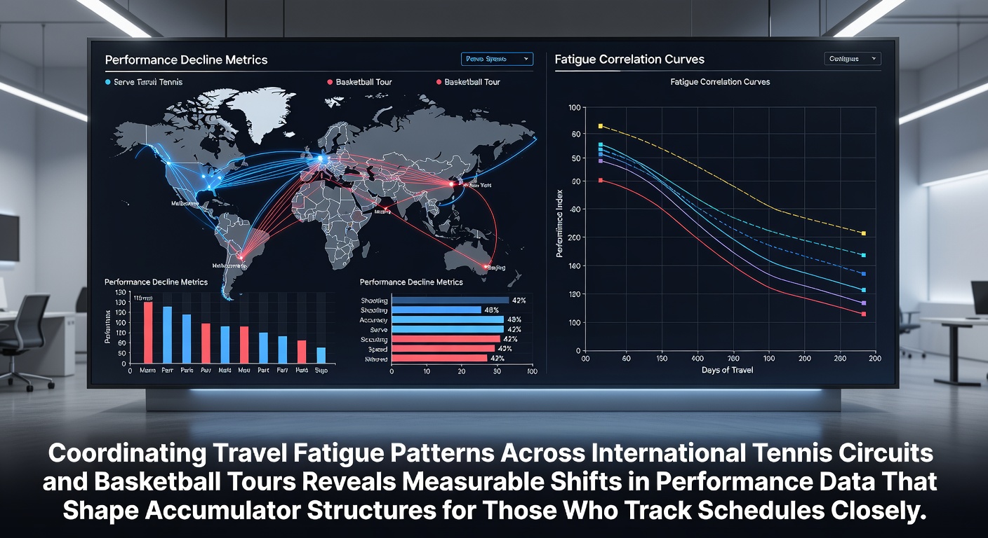 Graph showing performance decline in tennis and basketball due to travel fatigue across international tours