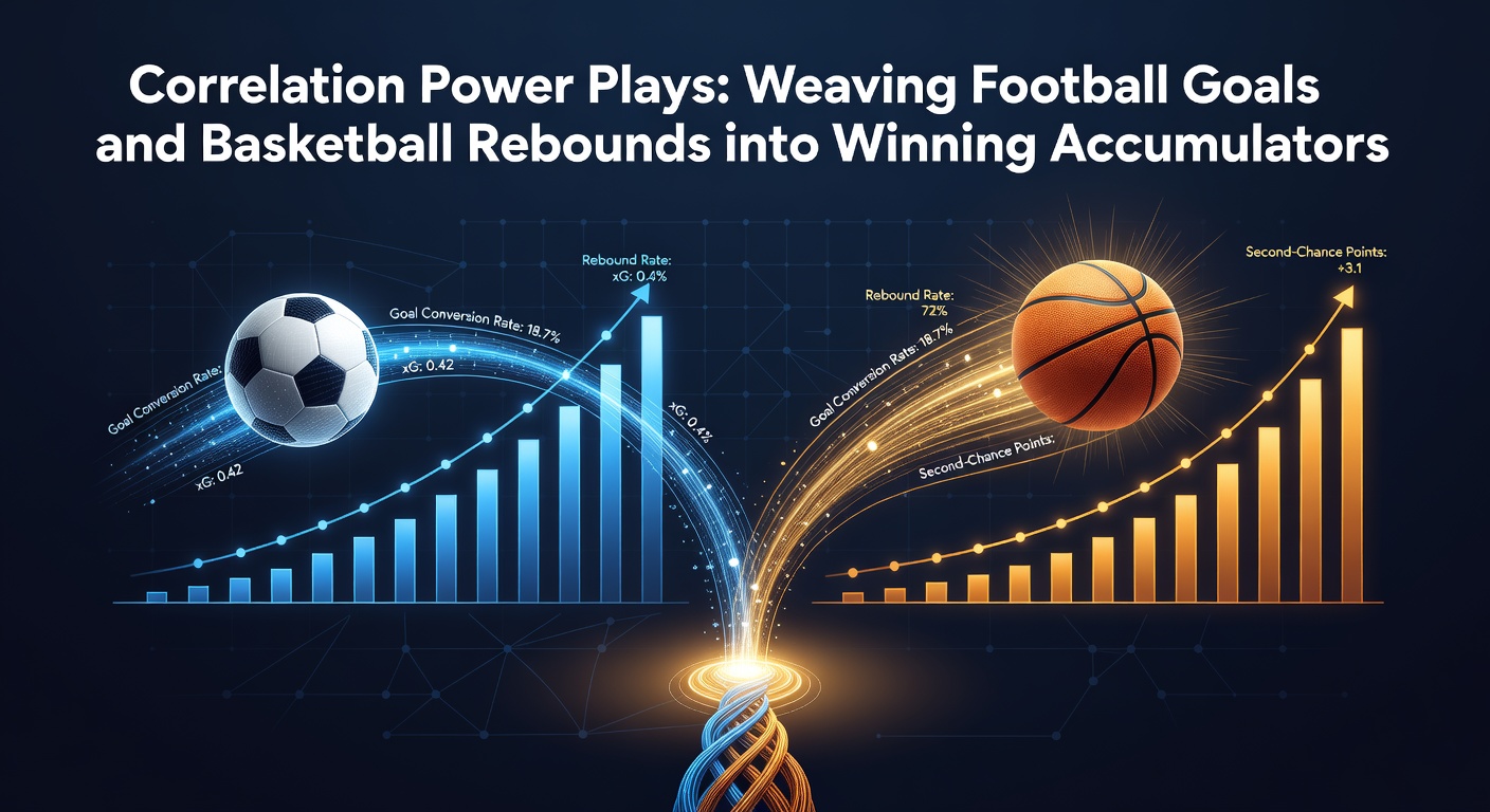 Dynamic graphic showing intertwined football goals and basketball rebounds forming an accumulator bet chain, with rising profit arrows