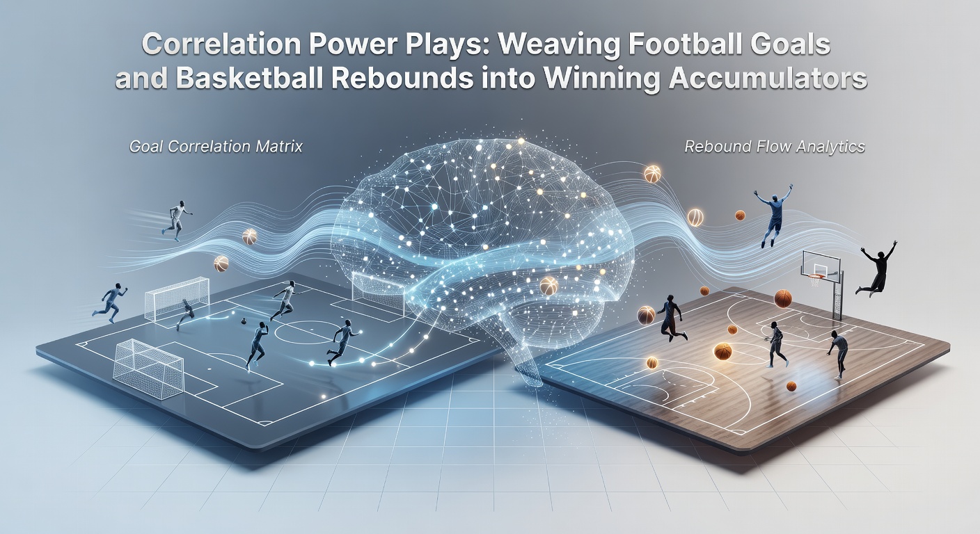 Split-screen visualization of a football goal celebration merging into a basketball rebound slam, overlaid with accumulator odds climbing
