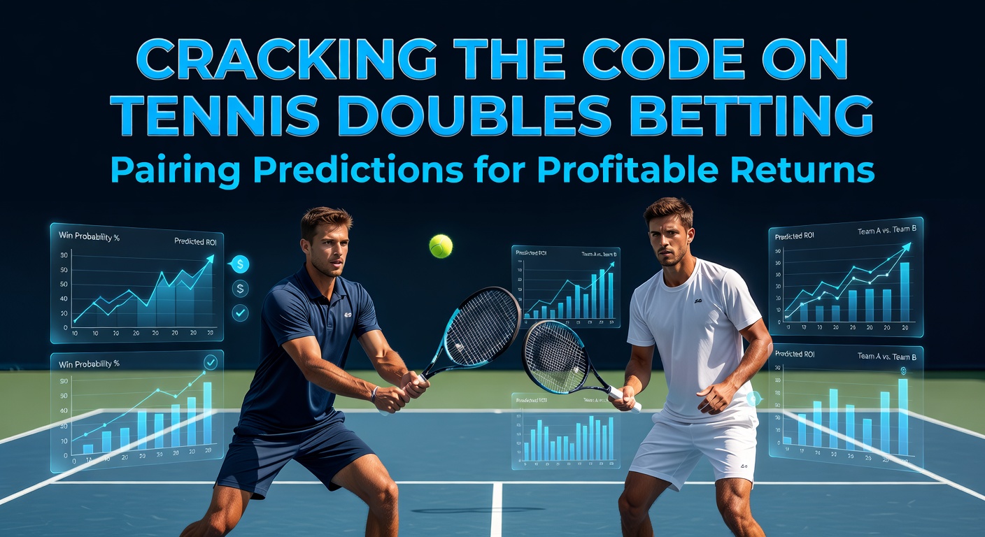 Tennis doubles players executing a volley at net during a high-stakes match, highlighting teamwork and strategy