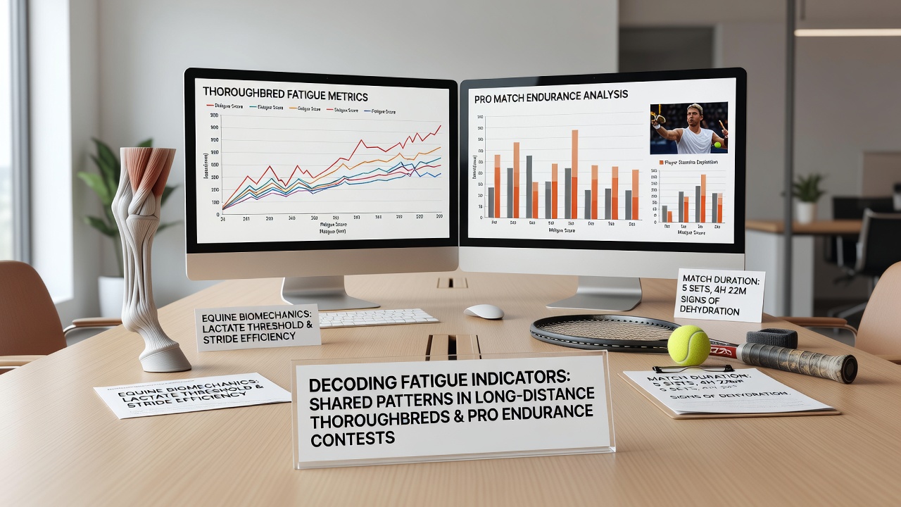 Data charts comparing fatigue metrics from horse racing sections and tennis match statistics
