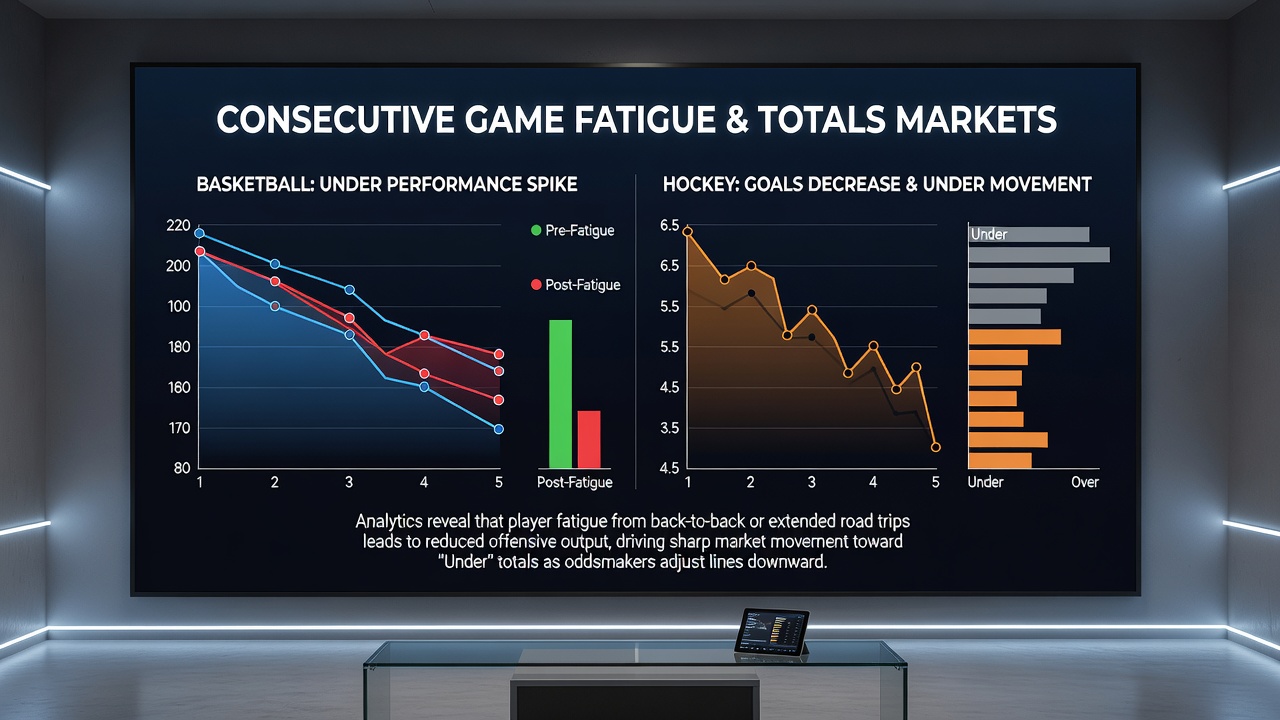 Sports analytics dashboard displaying totals market trends and fatigue indicators for consecutive games