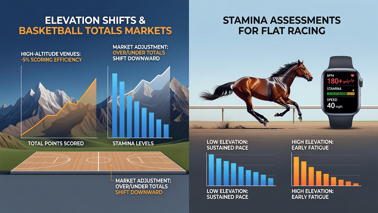 Thoroughbreds racing on an elevated flat track with stamina data charts overlaid
