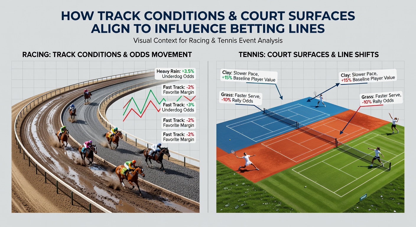 Side-by-side comparison of a rain-affected racing track and a clay tennis court with visible wear patterns