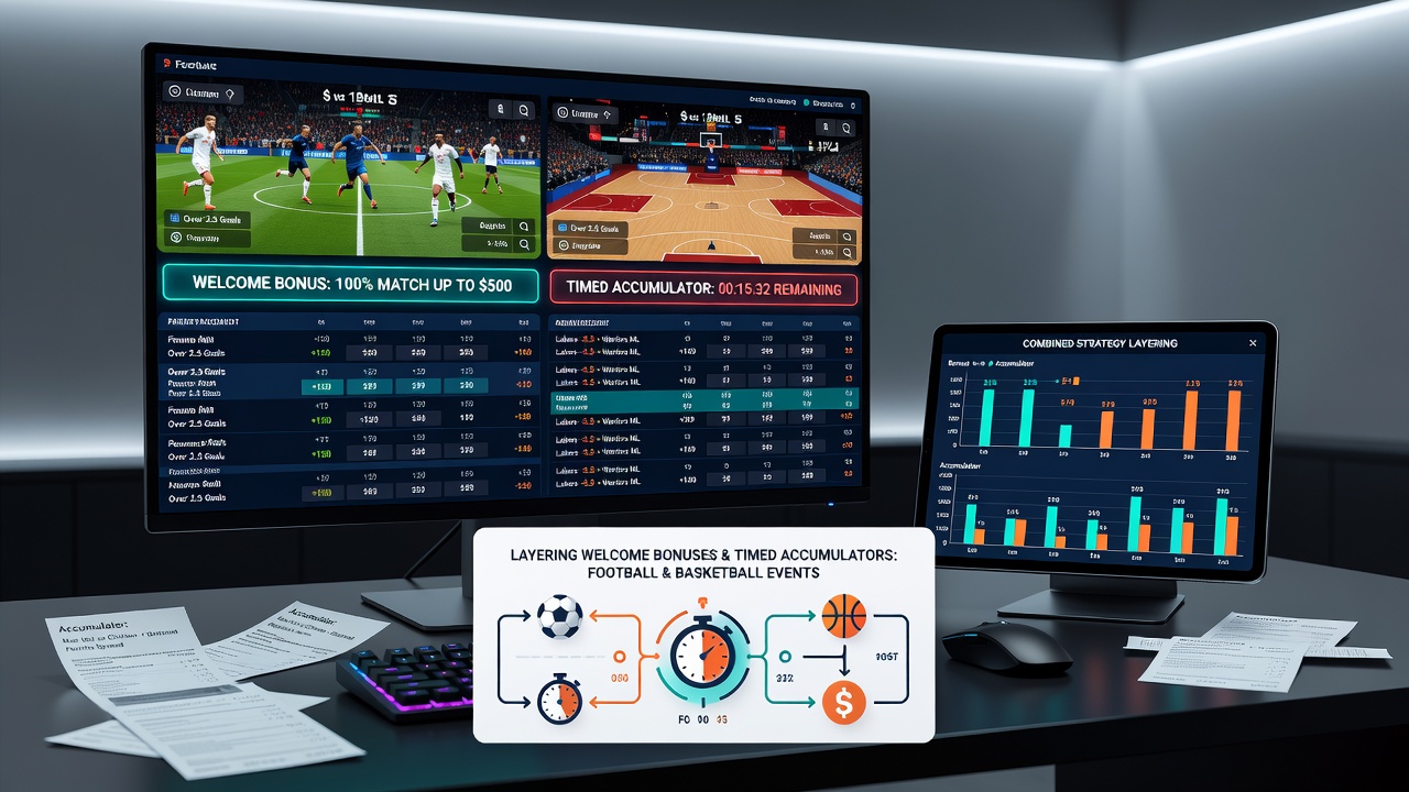 Chart illustrating timing overlaps between football and basketball events for accumulator layering with bonuses