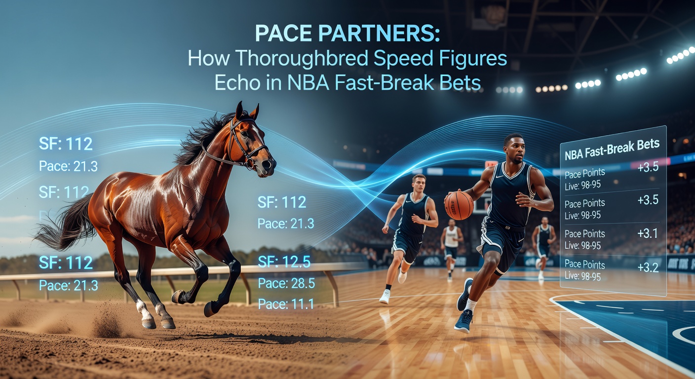 A thoroughbred horse charging down the track during a race, with an overlaid NBA fast-break play showing players sprinting toward the basket, illustrating pace parallels between racing and basketball