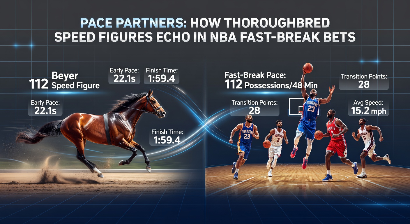 Split-image graphic comparing a horse's pace chart from a recent thoroughbred race with an NBA team's fast-break efficiency graph, highlighting overlapping speed sustainability metrics
