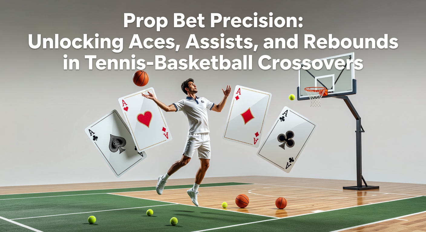 Dynamic action shot of a tennis ace serve transitioning to a basketball rebound grab, highlighting prop bet crossovers