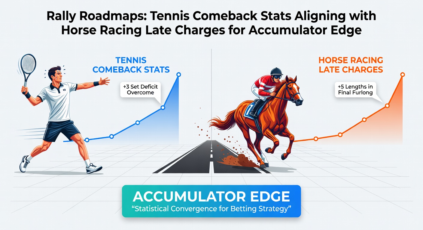 Tennis player rallying back in a intense match point, overlaid with a horse surging late in a race