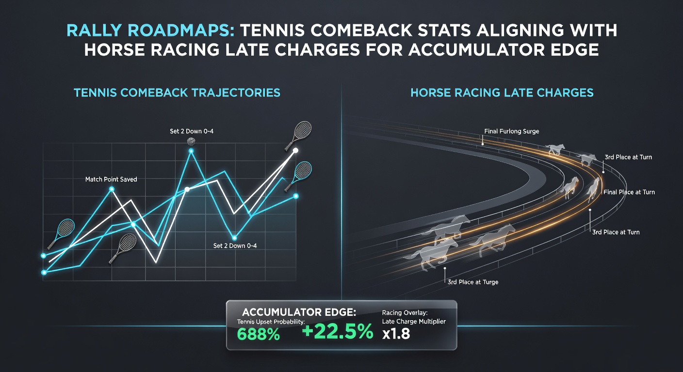 Dynamic split image of a tennis rally exchange and a horse pack charging toward the finish line