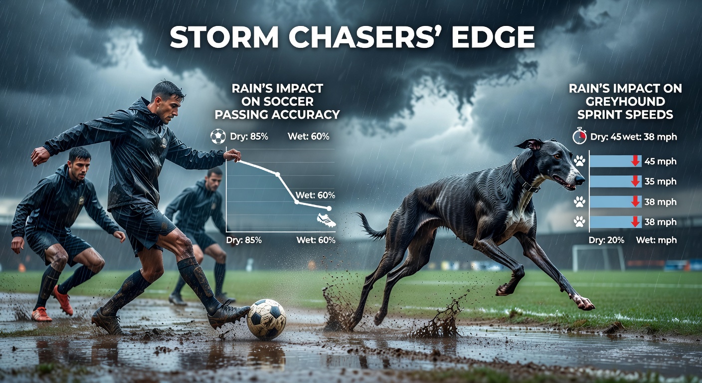 Soccer players slipping on a rain-slicked pitch during a match, while greyhounds charge through puddles on a drenched track, highlighting weather's grip on performance