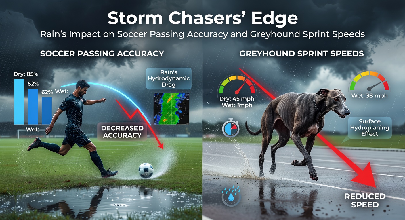 Close-up of a greyhound powering through rain-soaked track bends alongside soccer boots kicking through standing water on a flooded field, capturing the dual weather challenges