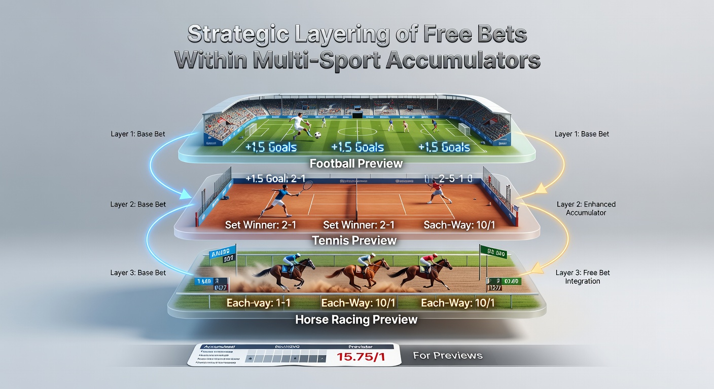 Strategic layering diagram for multi-sport betting accumulators showing football tennis and horse racing combinations