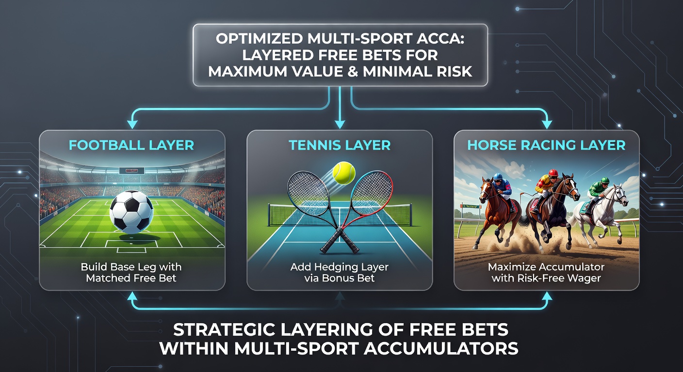 Example accumulator builder interface displaying layered free bet allocation across different sports
