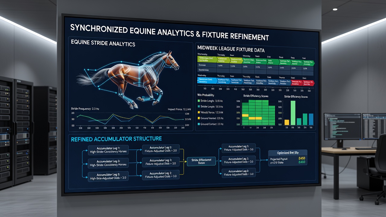 Analytical interface showing correlated equine stride data points with football league fixture congestion metrics for accumulator planning