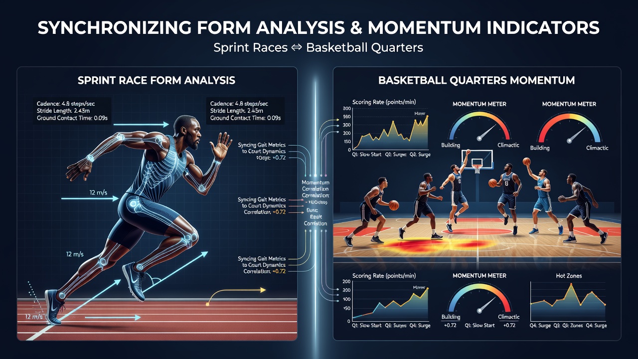 Analyst reviewing synchronized charts of sprint times and basketball quarter scoring runs on dual monitors