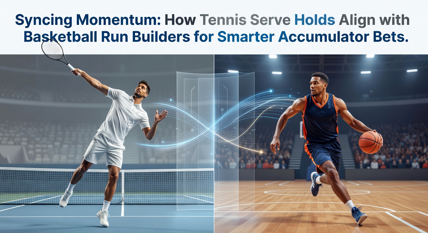 A tennis player mid-serve on clay court aligning with a basketball team executing a fast-break run, illustrating momentum sync in betting