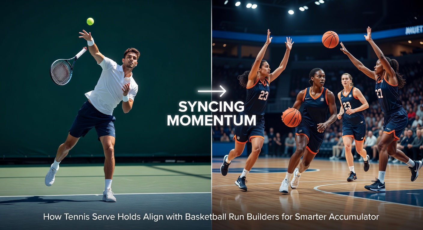 Graph overlay of tennis serve hold streaks alongside NBA scoring run charts, demonstrating statistical correlations for accumulator strategies
