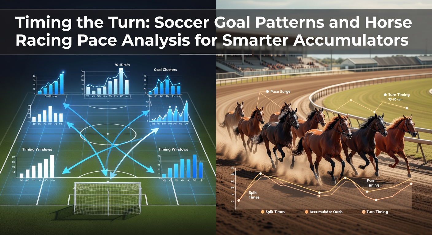 Soccer players celebrating a late goal while a horse race shows pace leaders pulling ahead