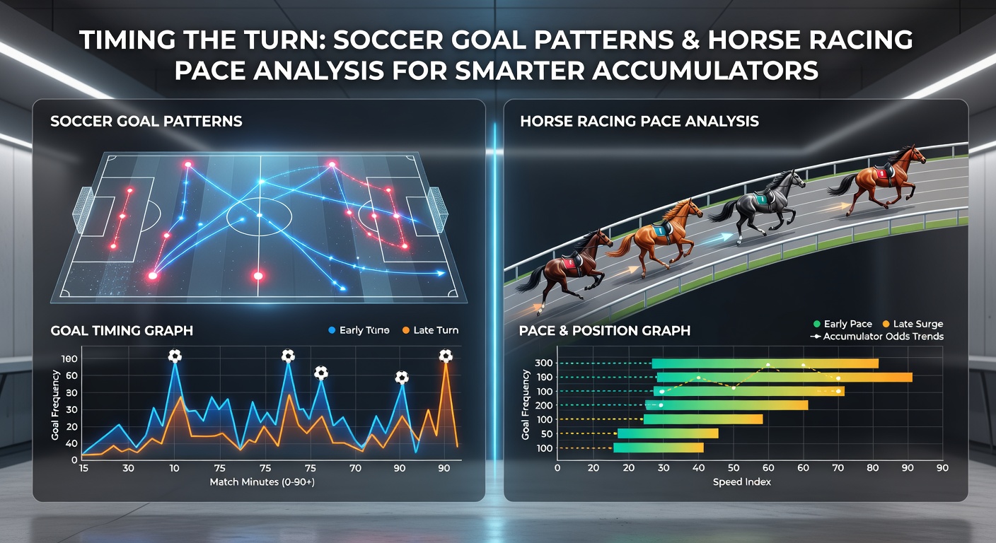 Graph overlay of soccer goal timing clock and horse racing pace charts highlighting peak surges
