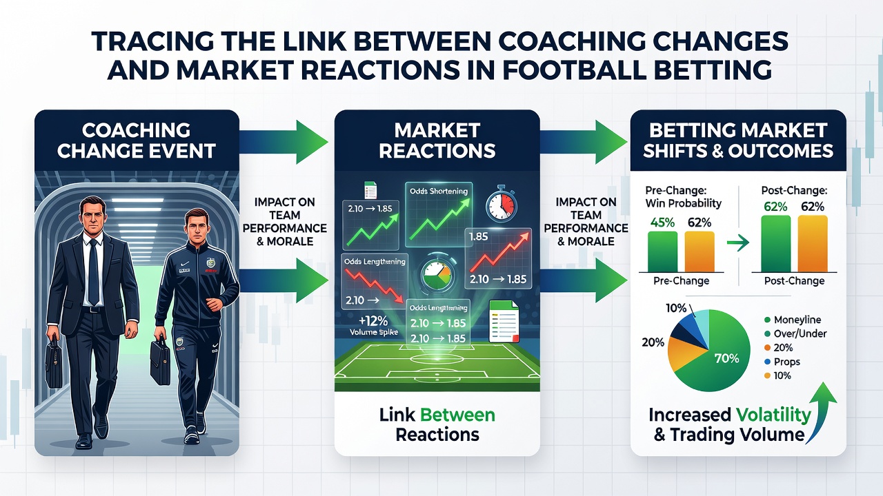 Infographic illustrating betting market volume increases and odds volatility after football coaching changes in 2025-2026 seasons