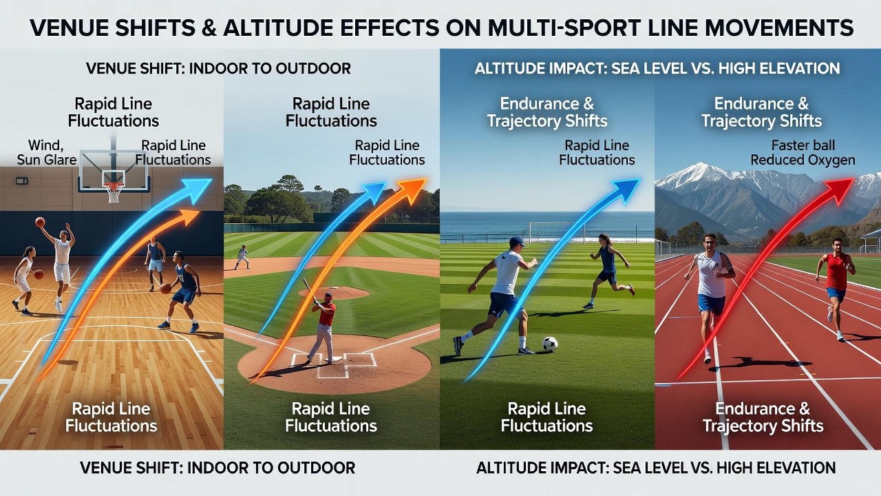 High altitude stadium view with sports performance data overlays for basketball and soccer