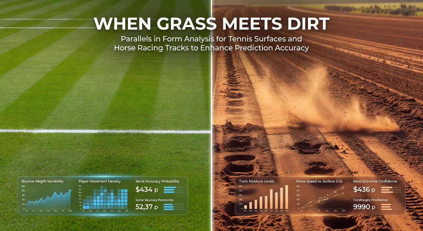 Tennis court and horse racing track surface comparison showing grass and dirt conditions