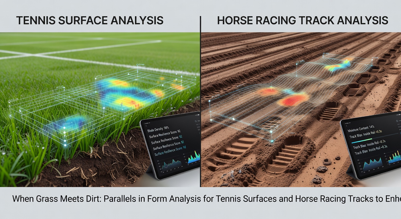 Detailed view of grass tennis court and dirt horse racing track with performance data overlays